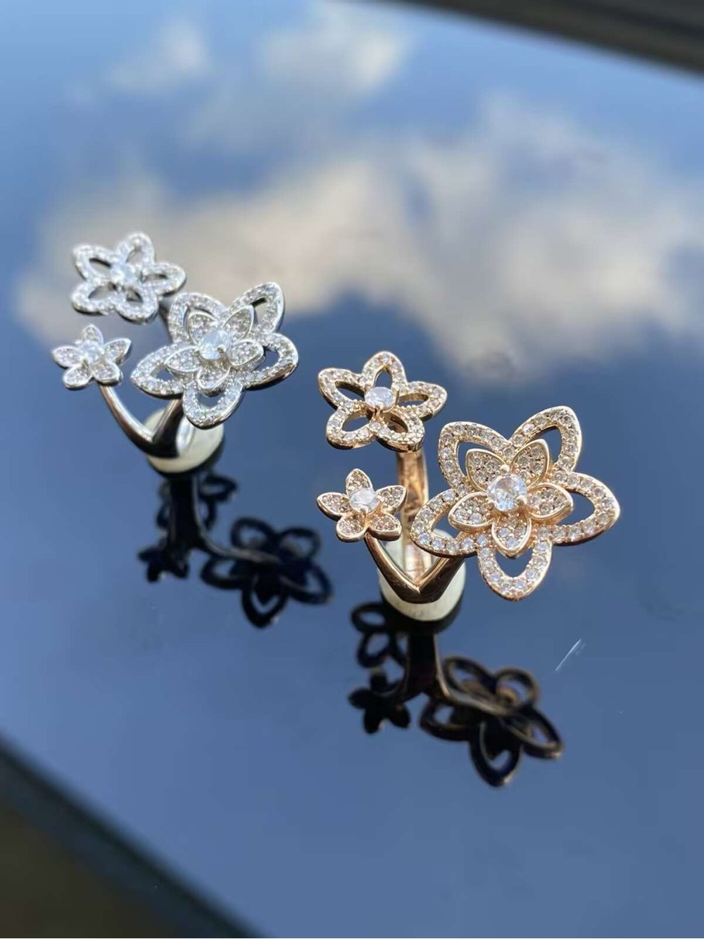 Sparkling Triple Flower Ring in Gold or Silver